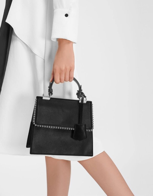 Black Bead Detail Leather Front Flap Bag | CHARLES & KEITH