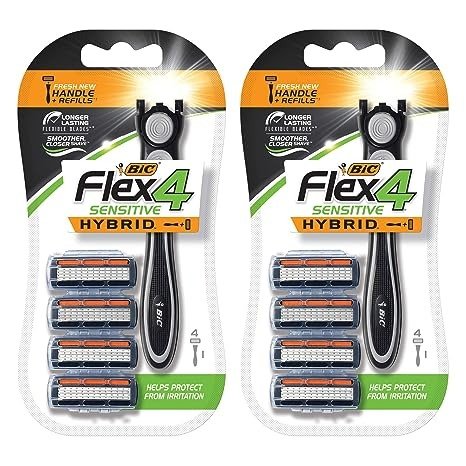 Flex 4 Sensitive Hybrid Titanium Men's Disposable Razors, For a Smooth, Ultra-Close and Comfortable Shave, 8 Cartridges and 2 Handles, 10 Piece Razor Set