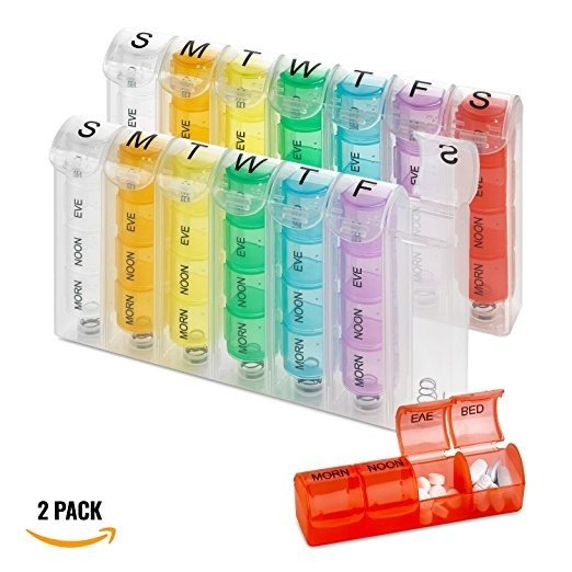 Weekly Pill Organizer - (Pack of 2) Pill Planners for Pills & Vitamins Each Day Week, Four Times-a-Day Medication Reminder, Easy to Read AM/PM Compartments Monday to Sunday for Travel & Purse