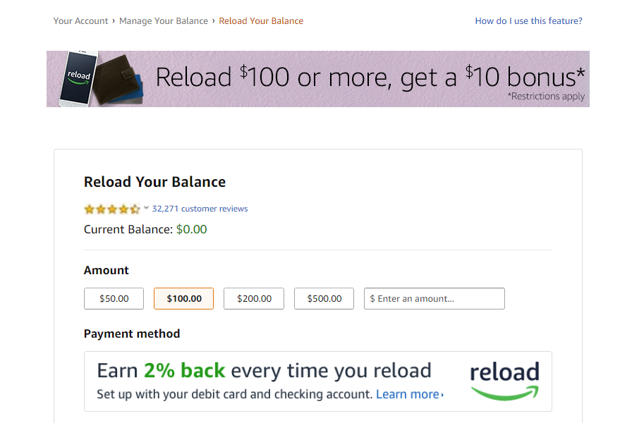 Amazon Gift card reload 冲$100送$10