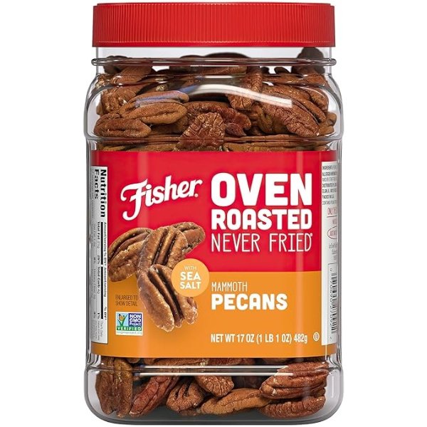 Fisher Nuts Snack Oven Roasted Never Fried, Mammoth Pecans, 17oz (Pack of 1) Non-GMO, Made with Sea Salt, Pecan