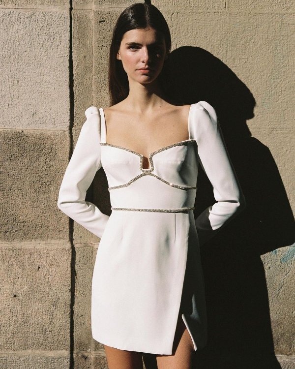 Embellished Long Sleeve Minidress in White - Self Portrait | Mytheresa