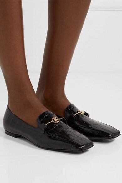 Logo-embellished glossed croc-effect leather loafers