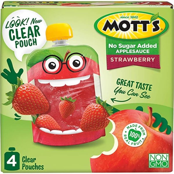 No Sugar Added Strawberry Applesauce, 3.2 Ounce (Pack of 24), Clear Pouch, 4 Count, Perfect for on-the-go, No Added Sugars or Sweeteners, Gluten Free and Vegan