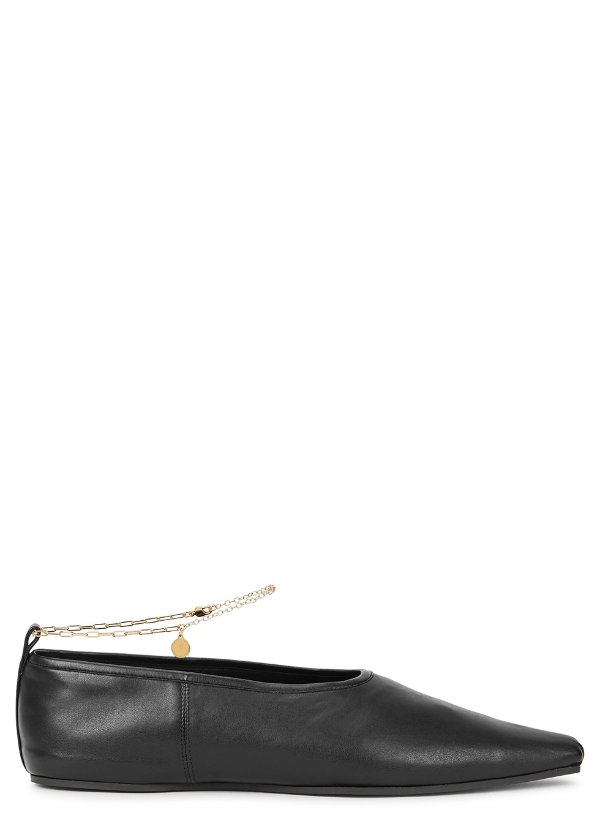 Black chain-embellished faux leather flats