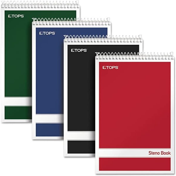 Steno Books, 6" x 9", Gregg Rule, Assorted Color Covers, 80 Sheets, 4 Pack (80220), White