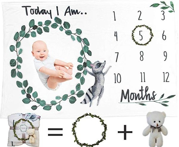 Baby Milestone Blanket Set for Boy or Girl - Baby Shower Gift Ready - Monthly Photography Background - Soft, Thick, Premium Fleece Material + Wreath Crown + Baby Bear (60x40")