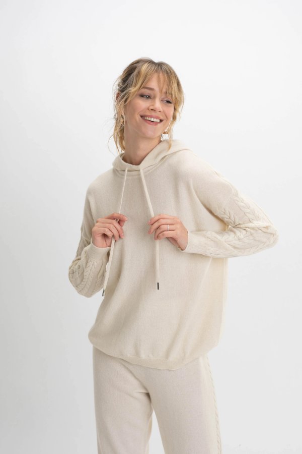Women's Cashmere Hoodie With Cable Knitted Sleeves White - Gobi Cashmere