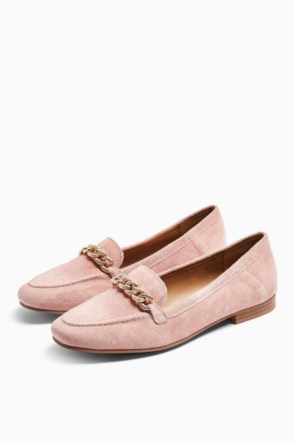 **WIDE FIT LEO Pink Leather Chain Trim Loafers