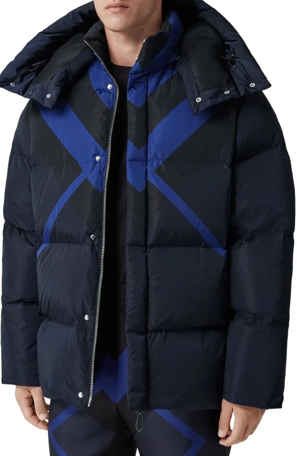 Larrick Chevron Check Quilted Down Puffer Jacket with Detachable Hood