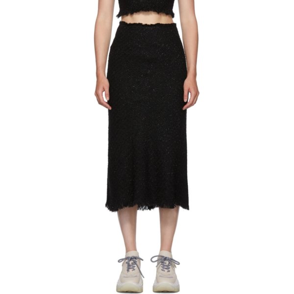 Black Frayed Tweed Midi Skirt
