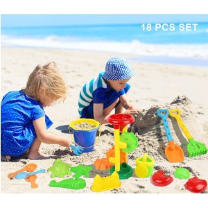 Click N Play 18 Piece Beach sand Toy Set, Bucket, Shovels, Rakes, Sand Wheel, Watering Can, Molds