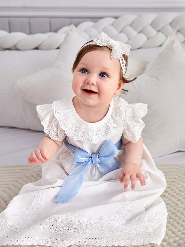 Baby Ruffle Eyelet Embroidery Trim Belted Dress