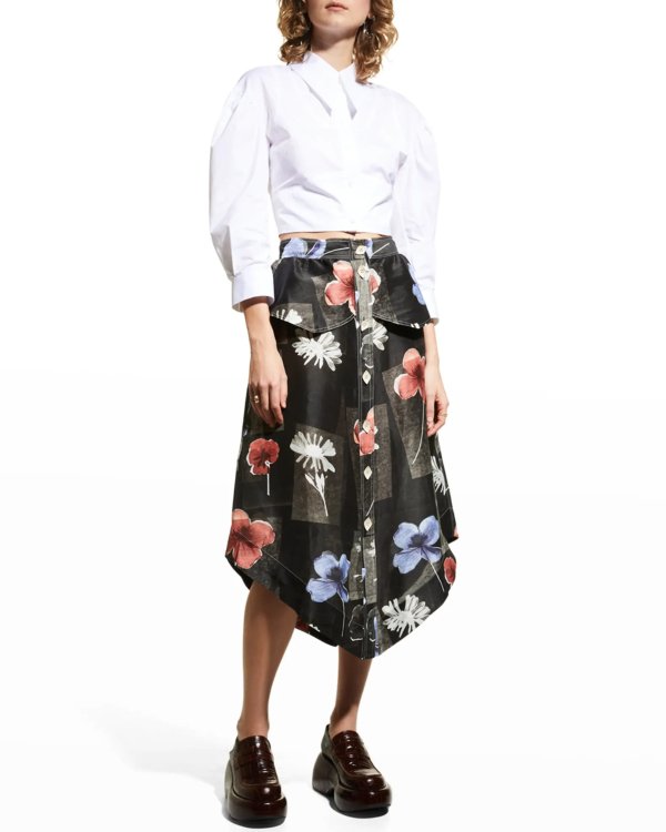 Linen Floral Button-Front Midi Skirt