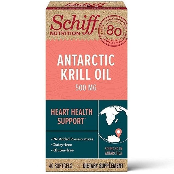 Omega-3 Antarctic Krill Oil 500mg Softgels, Schiff (40 Count in a Bottle), Omega-3 Krill Oil Supplement That Supports Heart Health٭, Gluten-Free & Dairy-Free, No Fishy Aftertaste