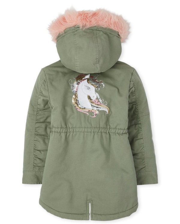 Girls Long Sleeve Sequin Unicorn Faux Fur Hooded Parka Jacket