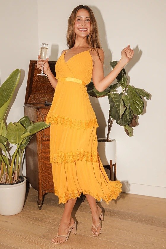 Glance Your Way Mustard Yellow Pleated Lace Tiered Midi Dress