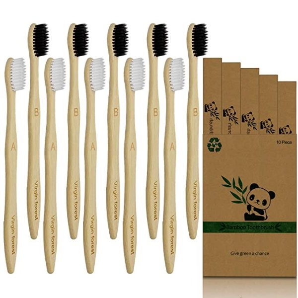 Bamboo Toothbrush, Eco Friendly BPA Free Soft Bristles Toothbrush, Biodegradable Natural Wooden Toothbrushes, Vegan Organic Bamboo Charcoal Tooth Brush for Sensitive Gums Set of 10
