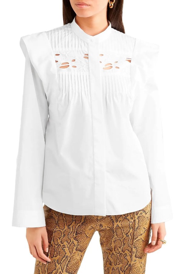 Ruffled pintucked broderie anglaise cotton blouse