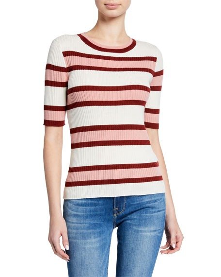 Panel Stripe Ribbed Short-Sleeve Sweater