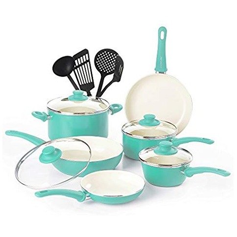 GreenLife Cookware Set, 14-Piece, Turquoise