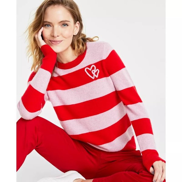 Women's Wispy Heart Striped 100% Cashmere Sweater, Created for Macy's