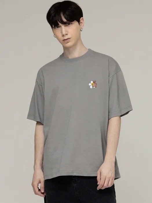 Flower Bear Graphic Half Sleeve T-shirt Khaki Gray