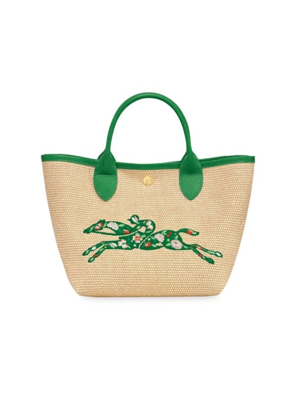 Embroidered Straw-Effect Canvas Tote