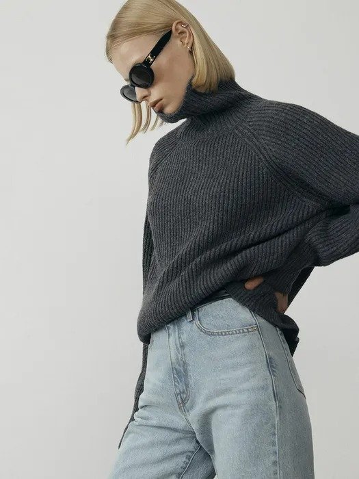 Unisex Ribbed Funnel Neck Wool Sweater (Dark Charcoal)