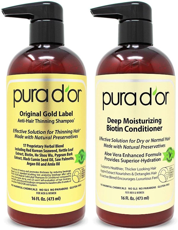 Pura D'or 生物素原始金标防掉发洗发水和护发素套装，经过测试的有效解决方案，含天然成分，适合所有发质，男女通用（包装可能有所不同）（2 x 16盎司/473毫升）