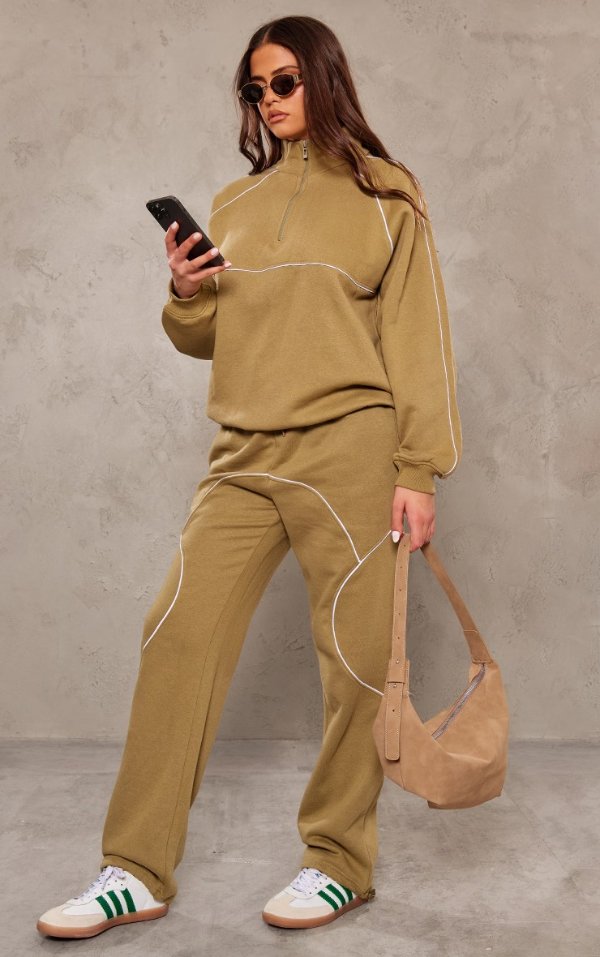 Light Olive Oversized Contrast Piping Straight Leg Sweatpants