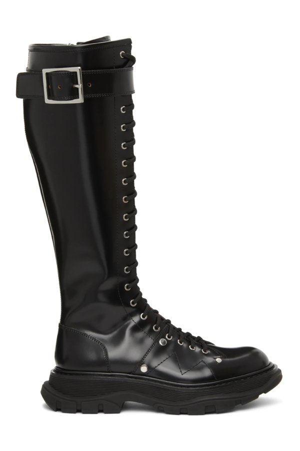 Black Tread Slick Lace-Up Tall Boots