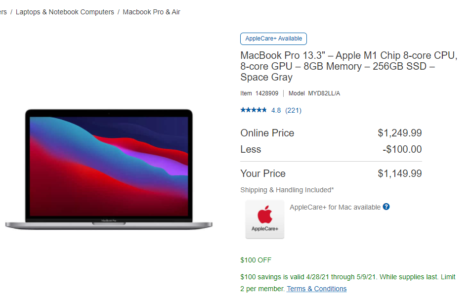 MacBook Pro 13.3" – Apple M1 Chip 8-core CPU, 8-core GPU – 8GB Memory – 256GB SSD