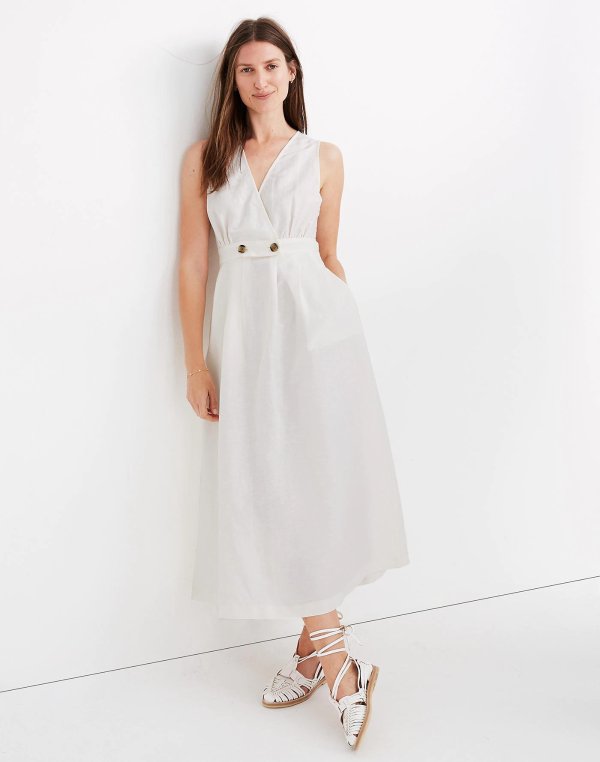 Button-Waist Wrap Midi Dress