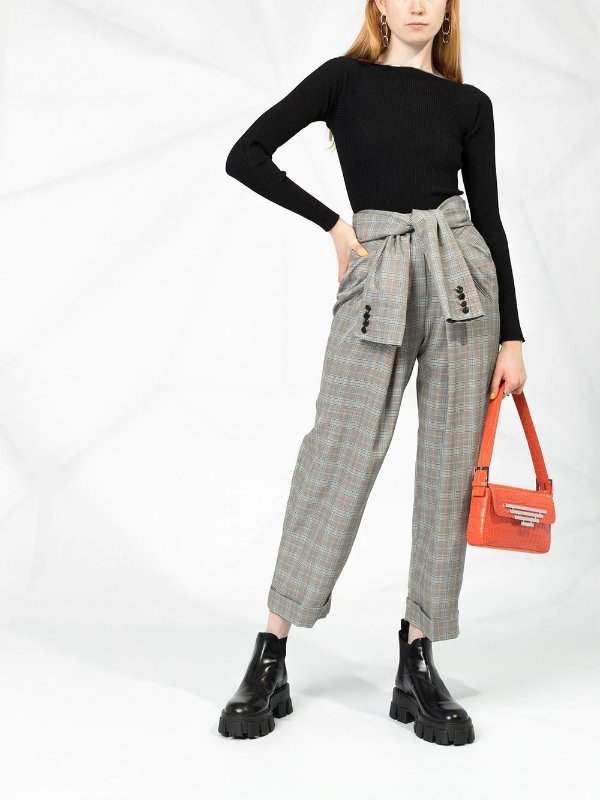 tie waist check trousers