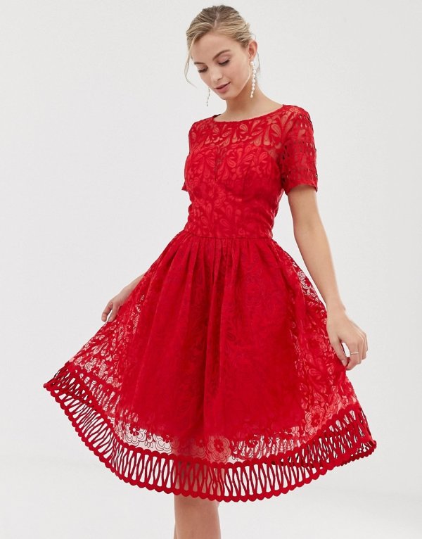 premium lace prom dress with cutwork hem in red | ASOS