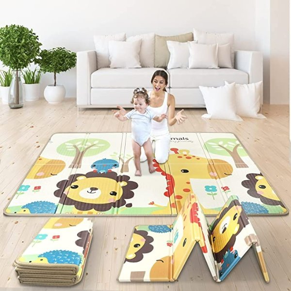 Baby Play Mat, 79"x 71"x 0.6" Extra Large & Thick Reversible Folding Floor Mat, Waterproof Non-Toxic Anti-Slip Reversible Foam Playmat for Baby, Anti Slip Soft Crawling Mat
