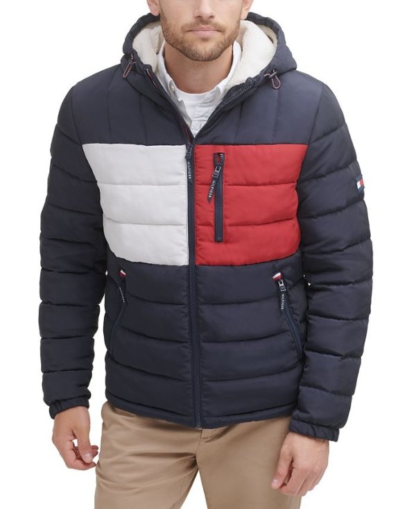 Men's Fitted Midweight Sherpa Lined Hooded Water-Resistant Quilted Puffer Jacket