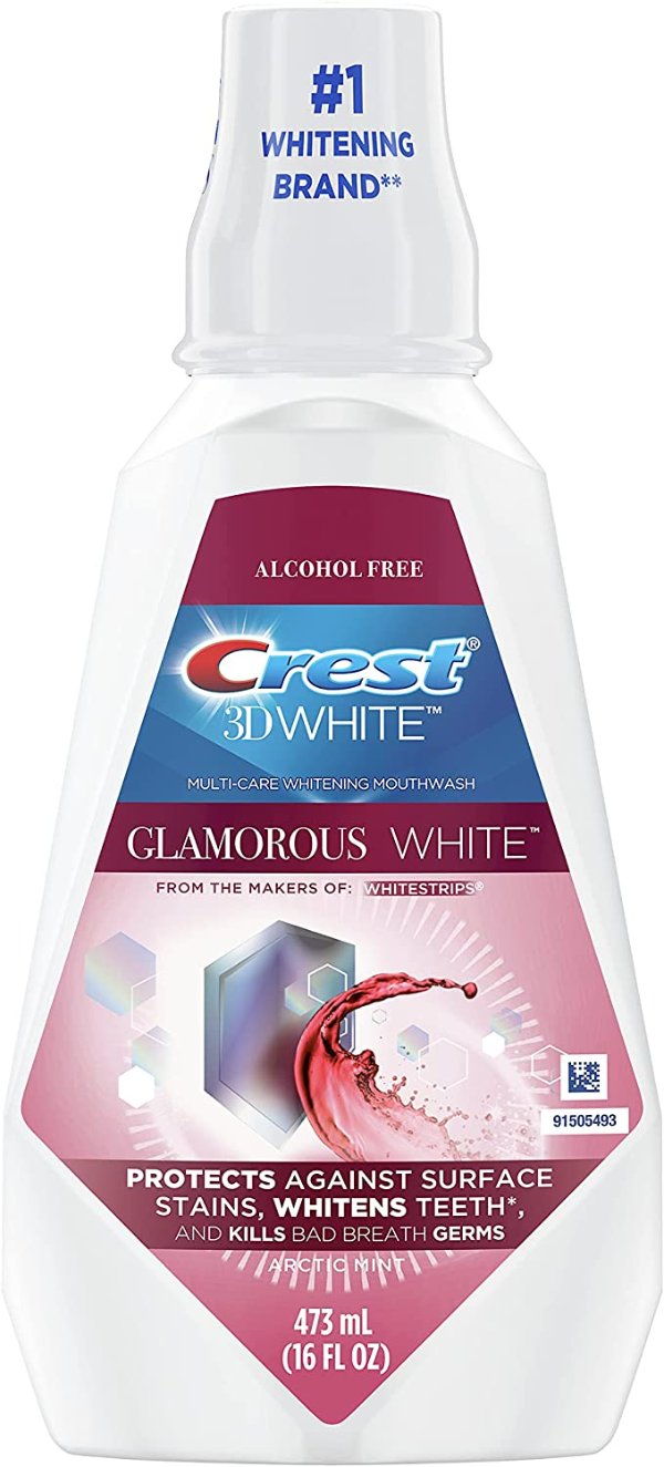 Crest 3D White Glamorous White Alcohol Free Multi-Care Whitening Mouthwash, Arctic Mint, 16 fl oz (473 mL) - Pack of 4