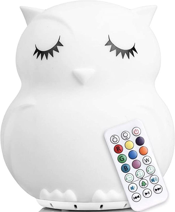 LumiPet Owl Kids Night Light, Huggable Nursery Light for Baby and Toddler, Silicone LED Lamp, Remote Operated, Streaming Music, USB Rechargeable Battery, 9 Available Colors, Timer Auto Shutoff
