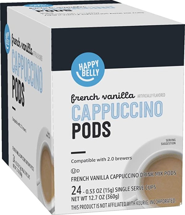 Amazon Brand - Happy Belly Cappuccino Coffee Pods Compatible with 2.0 K-Cup Brewers, French Vanilla Flavored, 24 Count