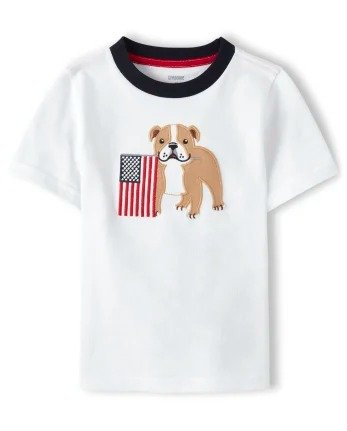 Boys Short Sleeve Embroidered Applique Bull Dog And American Flag Top - American Cutie