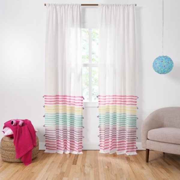 Gap Home Kids Watercolor Stripe with Tassels Organic Cotton Semi-Sheer Window Curtain Pair, White Multi, 48x63