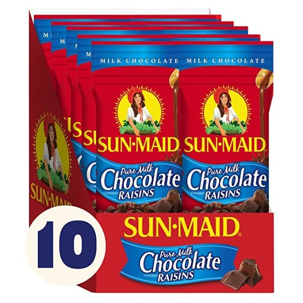 -Maid Pure Milk Chocolate Covered Raisins Snacks, Individual Single Serve Bags, 2 Oz, Pack of 10
