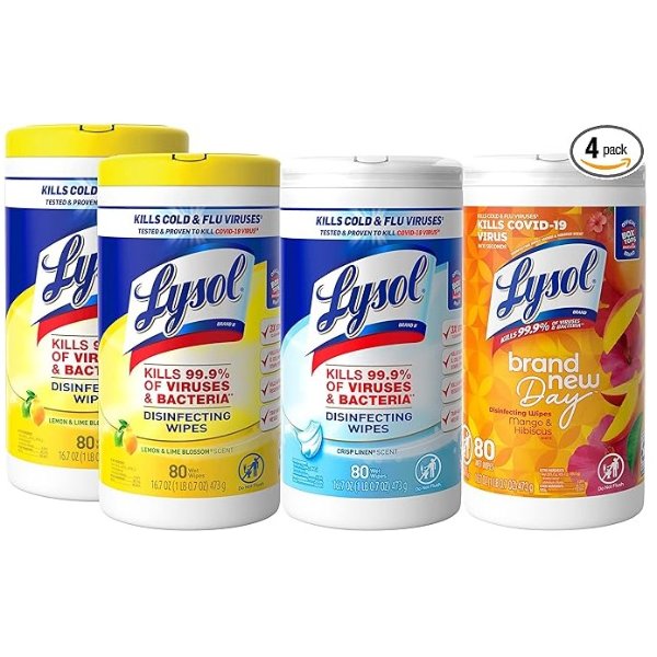 Disinfectant Wipes Bundle, Multi-Surface Antibacterial Cleaning Wipes, For Disinfecting & Cleaning, contains x2 Lemon & Lim Blossom (80ct) x1 Crisp Linen (80 Ct) & x1 Mango & Hibiscus (80 Ct)