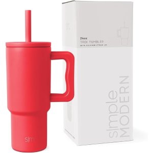 Simple ModernKids 24 oz Tumbler with Handle and Silicone Straw Lid | Spill Proof and Leak Resistant | Reusable Stainless Steel Bottle | Gift for Kids Boys Girls | Trek Collection | Radiate Red