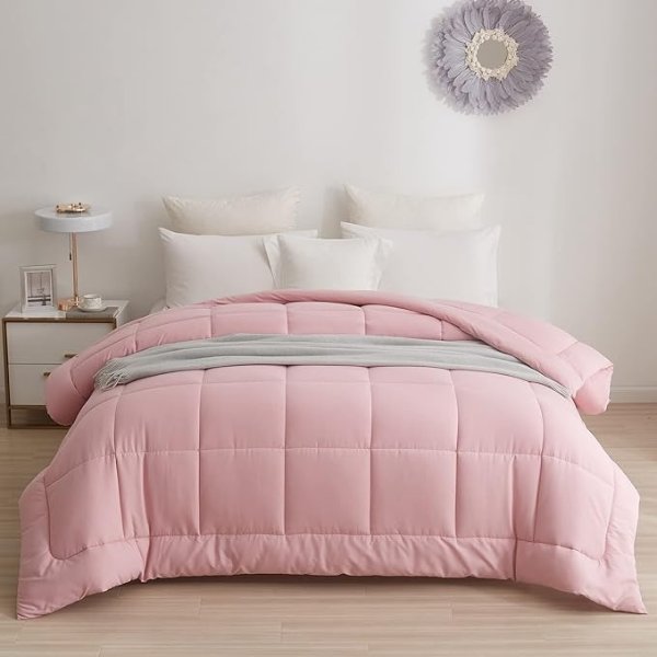 Down Alternative Comforter with Corner Tabs - All Season Quilted Queen Size 240 GSM Pink Comforter, Machine Washable Microfiber Bedding