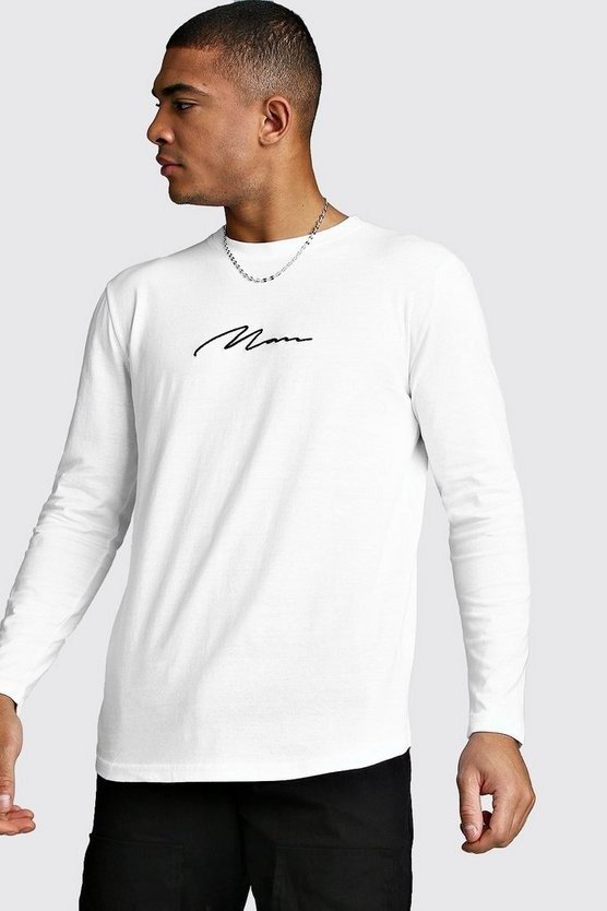 Long Sleeve MAN Signature Curved Hem T-Shirt - boohooMAN