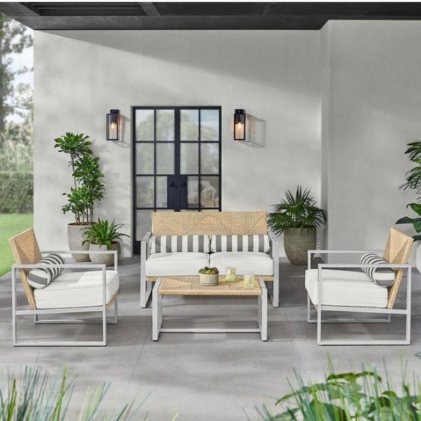 Sea Island White 4-Piece Reinforced Aluminum Outdoor Conversation Set with Wicker Table and Natural White Cushions