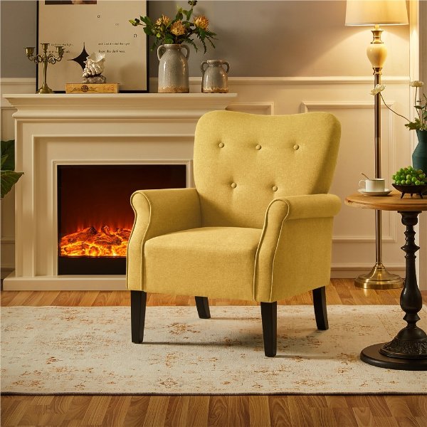 Mid-century Upholstered Fabric Accent Armchair for Living Room with Wooden Leg, Yellow